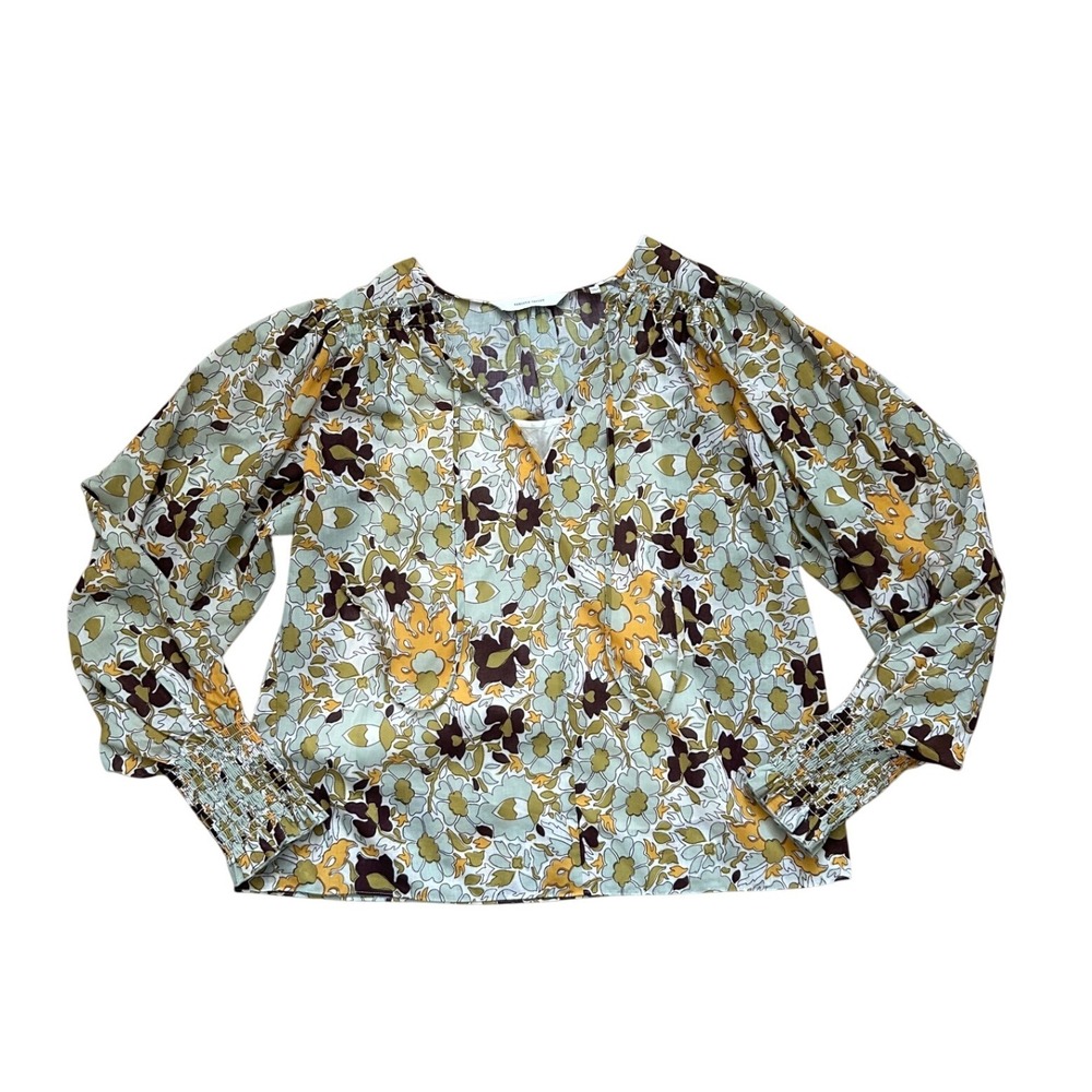 Rebecca Taylor‎ Green Yellow Floral Puff Sleeve Blouse Smocked Cuffs L